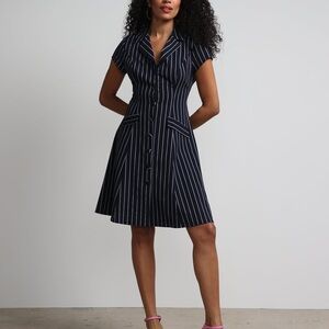 New York & Company Navy and White Striped Midi Shirt Dress XXL